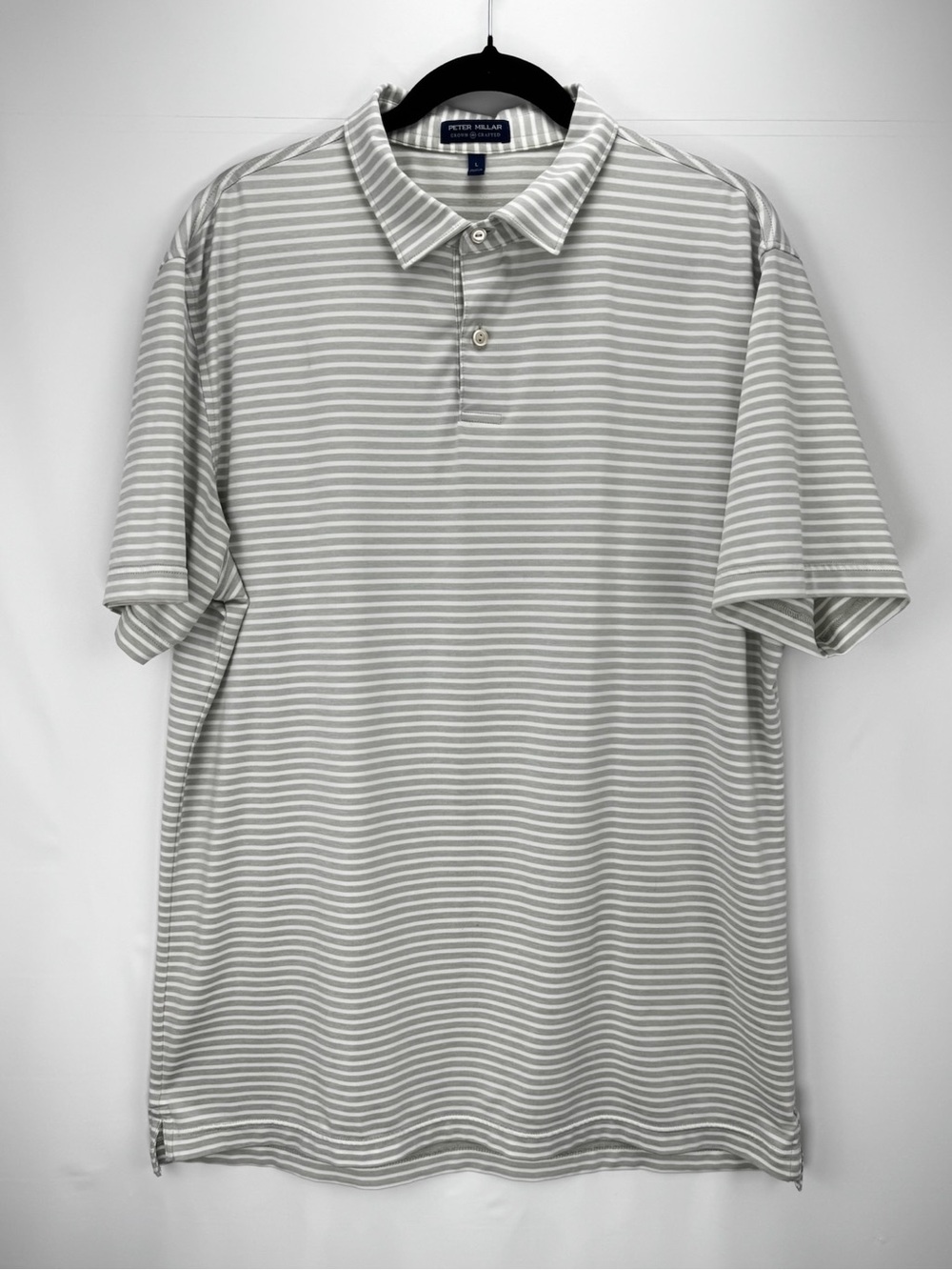 Peter Millar Light Gray & White Horizontal Stripe Jersey Performance Polo